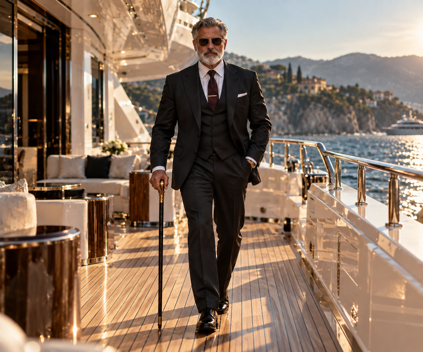 The same man in a suit aboard a yacht