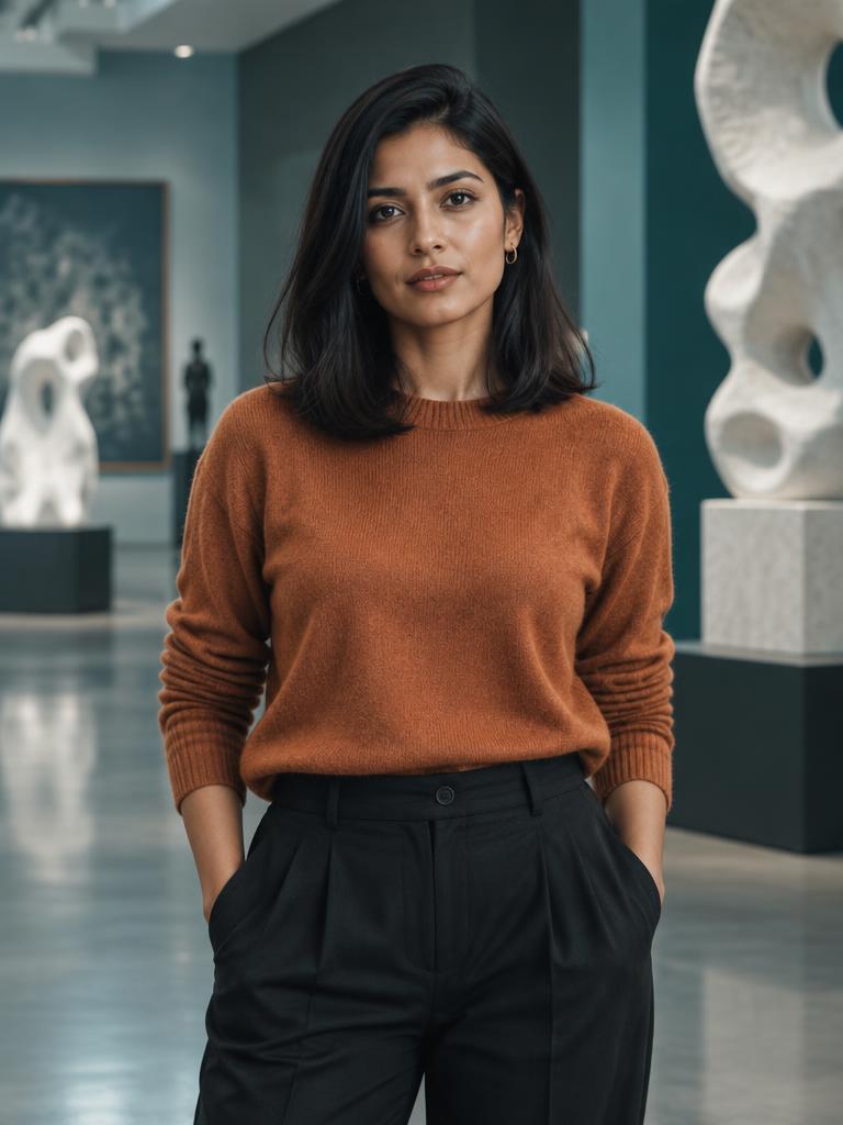 Anika in a copper sweater at an art gallery