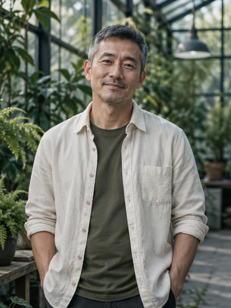Kenji in a linen shirt inside a greenhouse