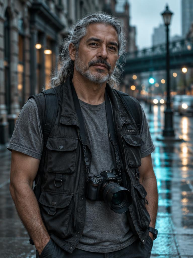 Luis in a photographer's vest on a city street