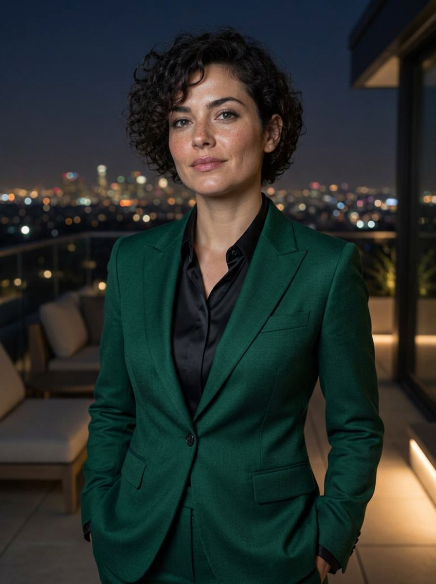 Mara in an emerald suit on a rooftop at night