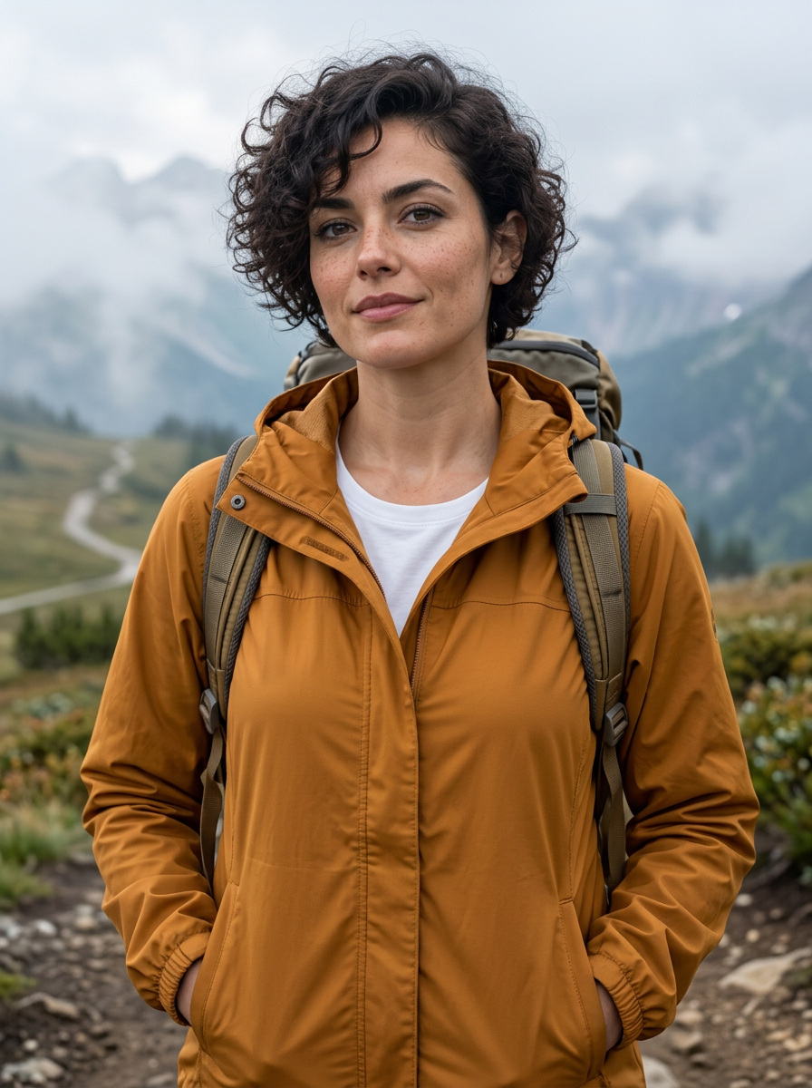 Mara in a hiking jacket in the mountains