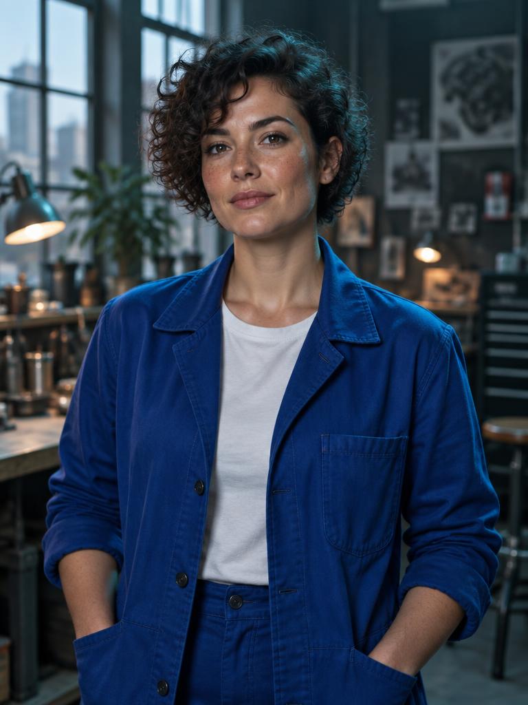 Mara in a blue jacket at a workshop
